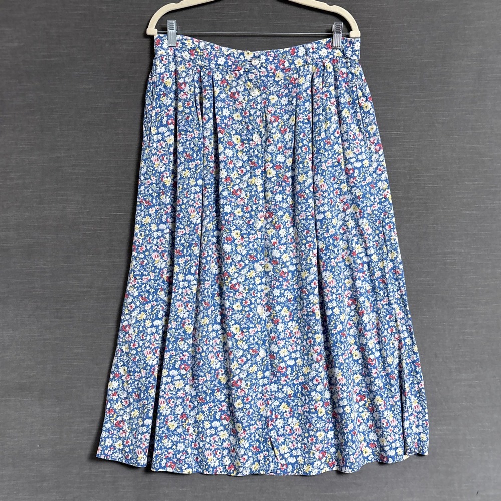 Vintage Orvis Skirt 14 Blue Floral Rayon Button Front Midi Cottagecore 80s 90s